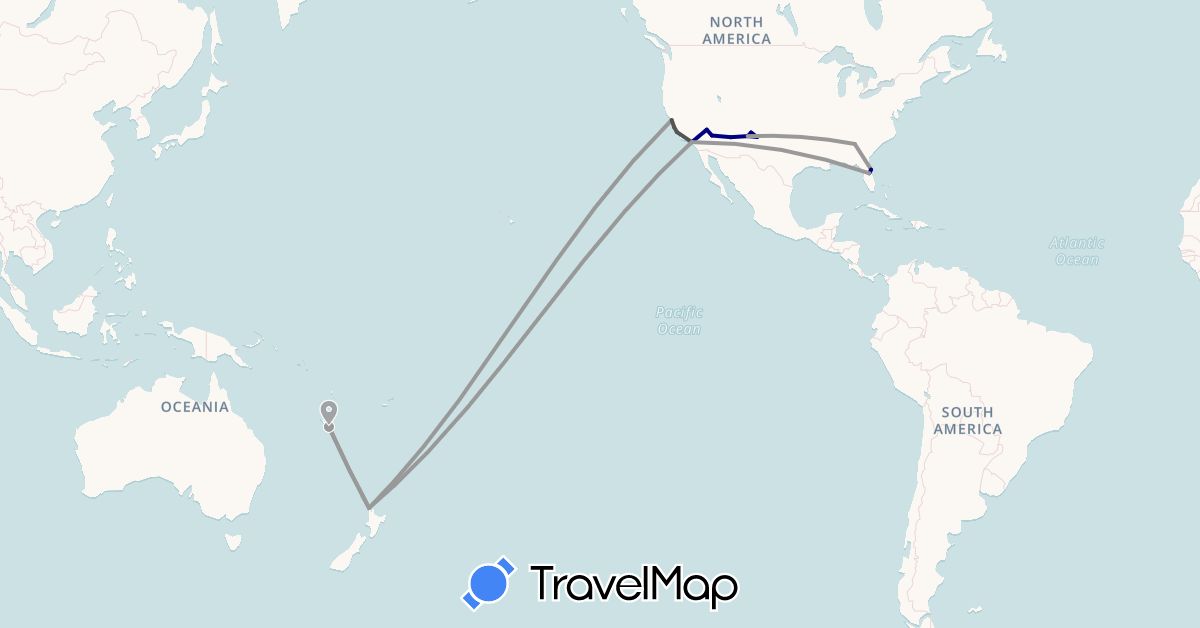 TravelMap itinerary: driving, plane, motorbike in New Caledonia, New Zealand, United States (North America, Oceania)